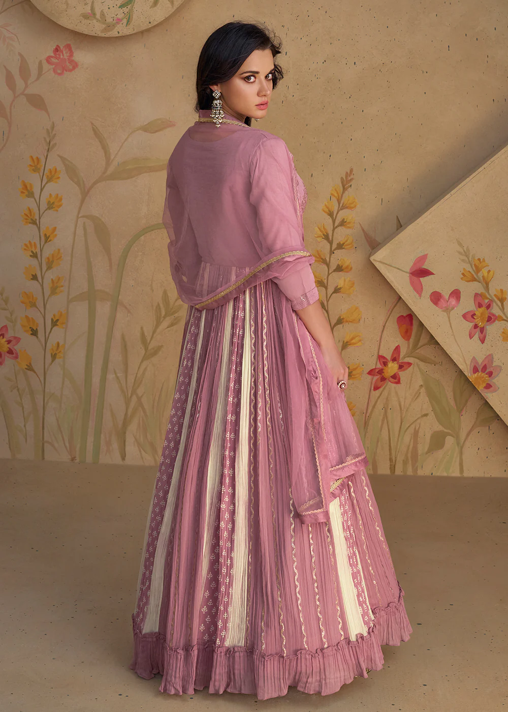 Mauve Pink Sequins & Thread Wedding Festive Anarkali Dress - Image 3