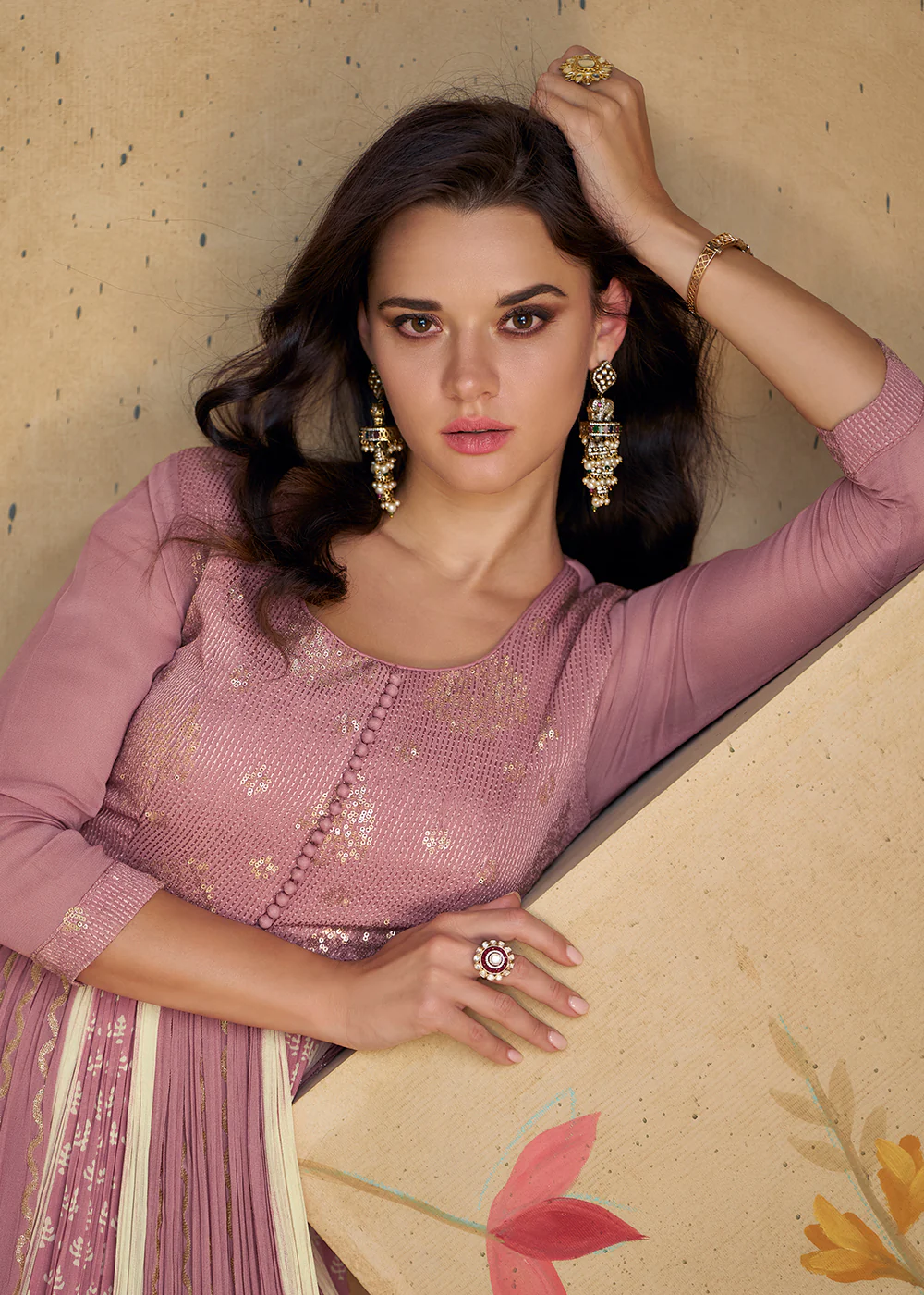 Mauve Pink Sequins & Thread Wedding Festive Anarkali Dress - Image 4
