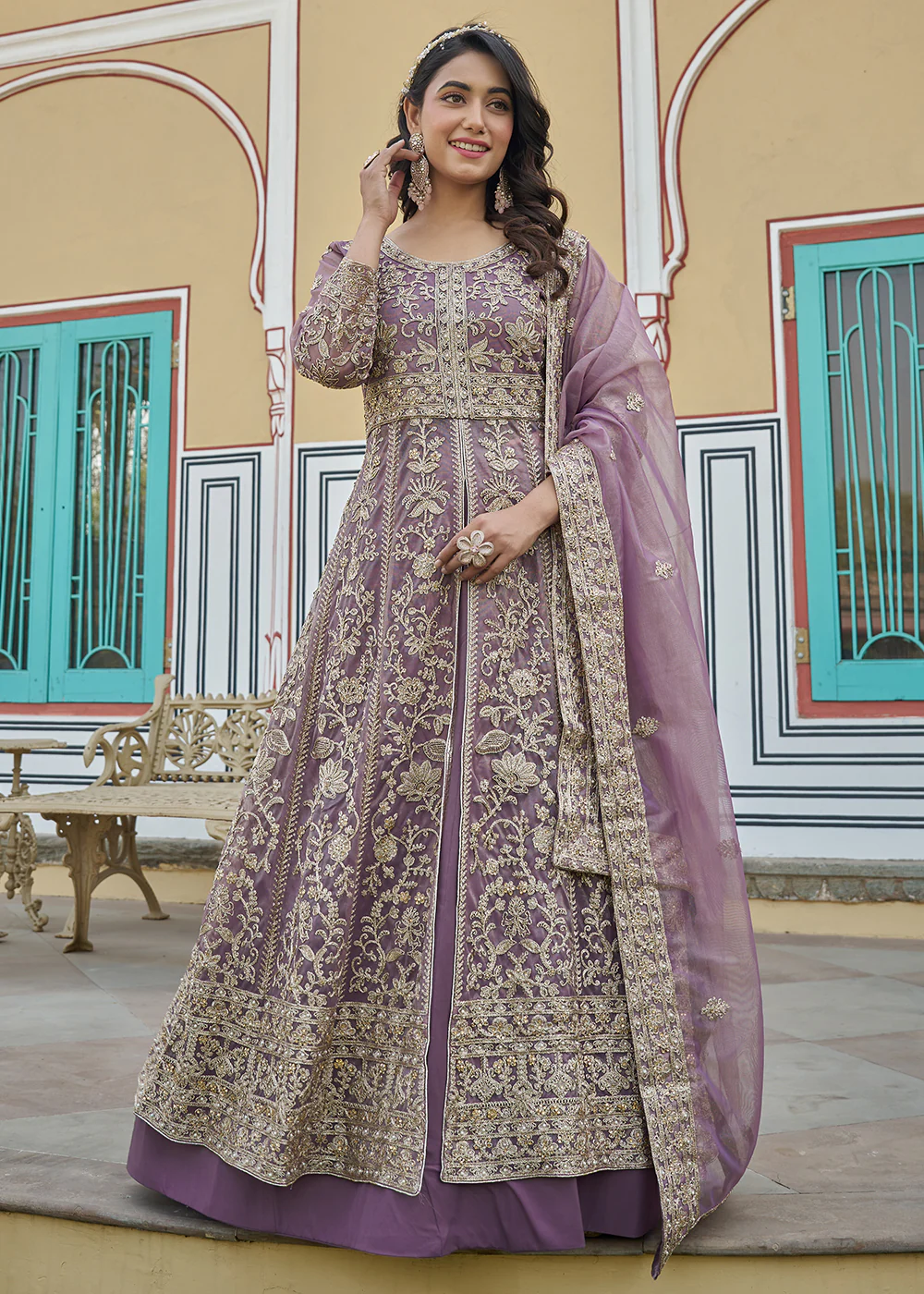 Mauve Lavender Slit Style Lehenga Pant Style Anarkali Suit - Image 4