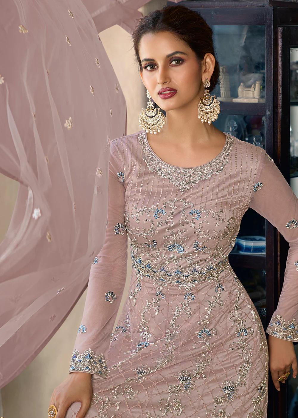 Mauve Pink Wedding Party Net Designer Anarkali Suit - Image 2