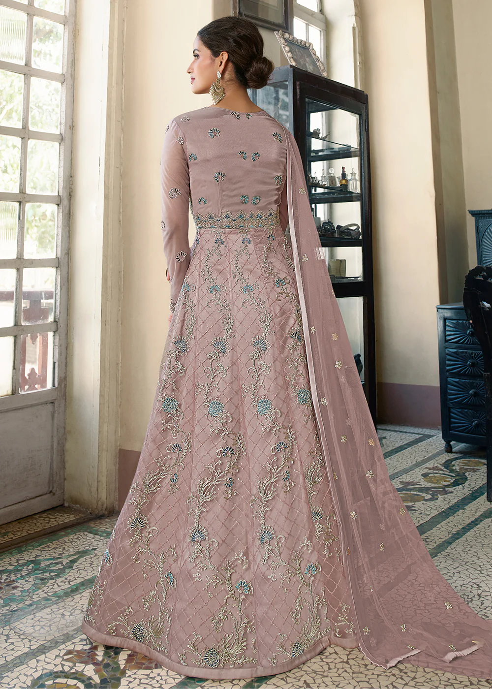 Mauve Pink Wedding Party Net Designer Anarkali Suit - Image 3