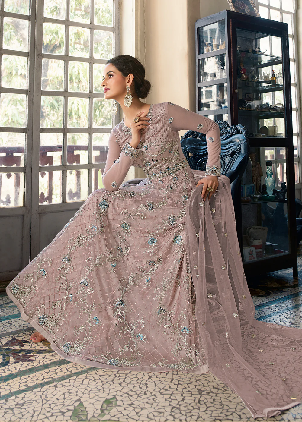 Mauve Pink Wedding Party Net Designer Anarkali Suit - Image 4