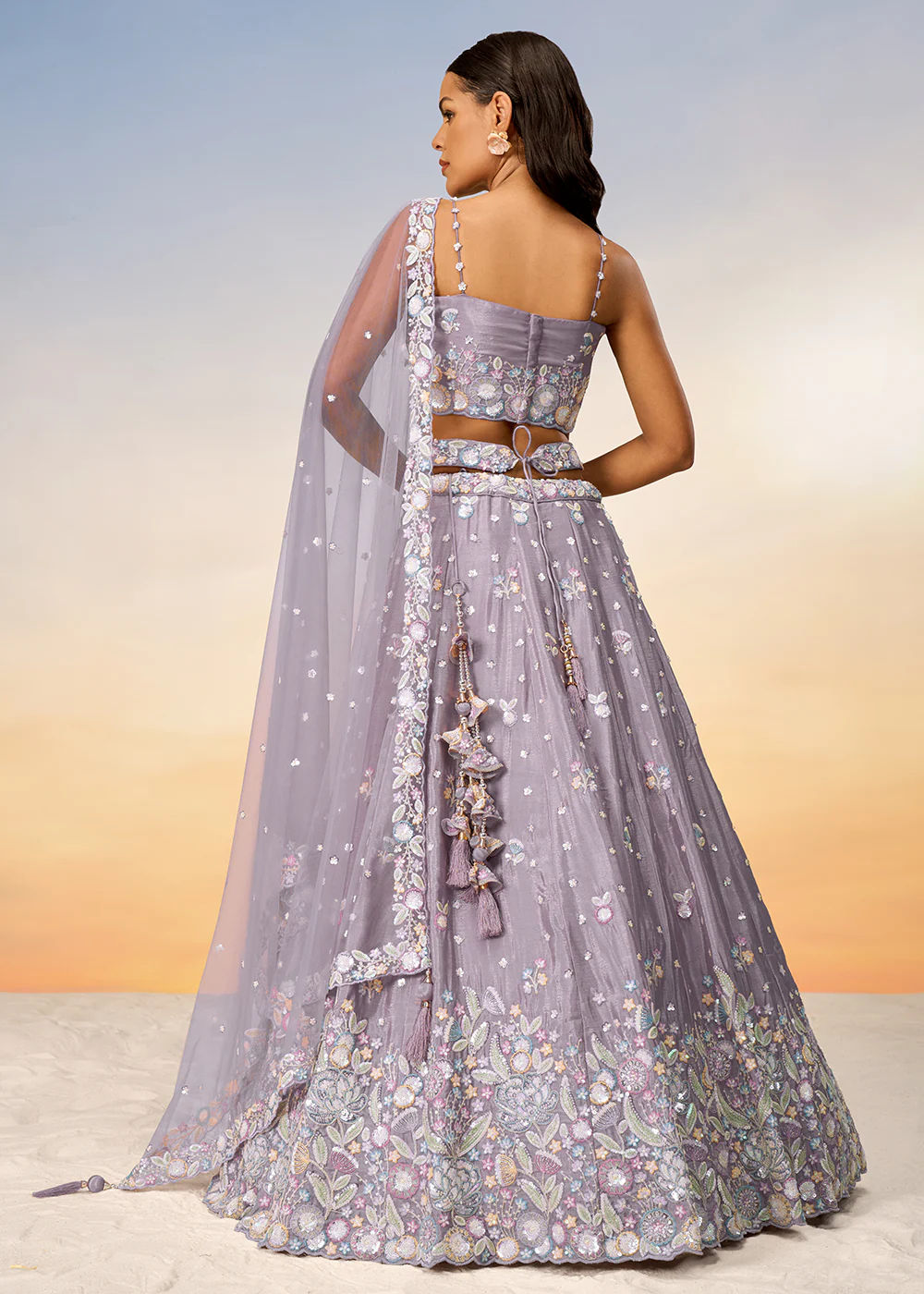Mauve Poly Chiffon Embroidered Wedding Party Lehenga Choli - Image 3