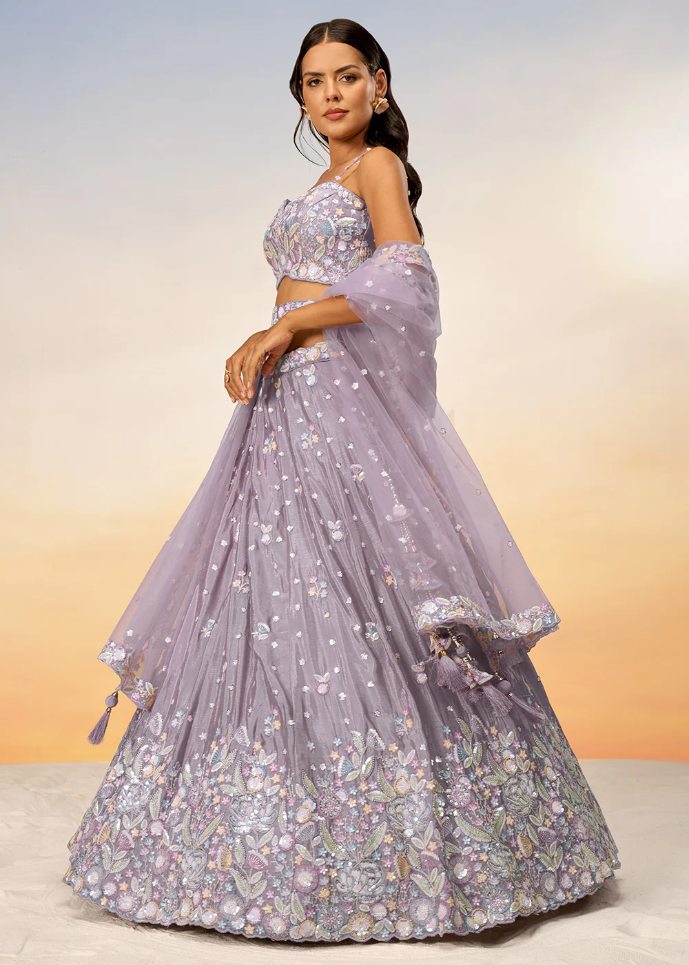 Mauve Poly Chiffon Embroidered Wedding Party Lehenga Choli - Image 5