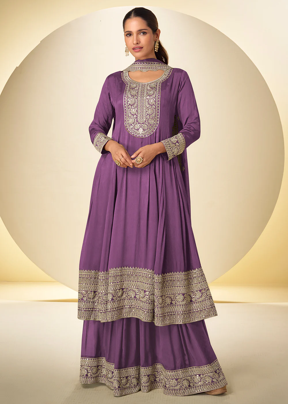 Mauve Purple Festive Style Embroidered Palazzo Suit