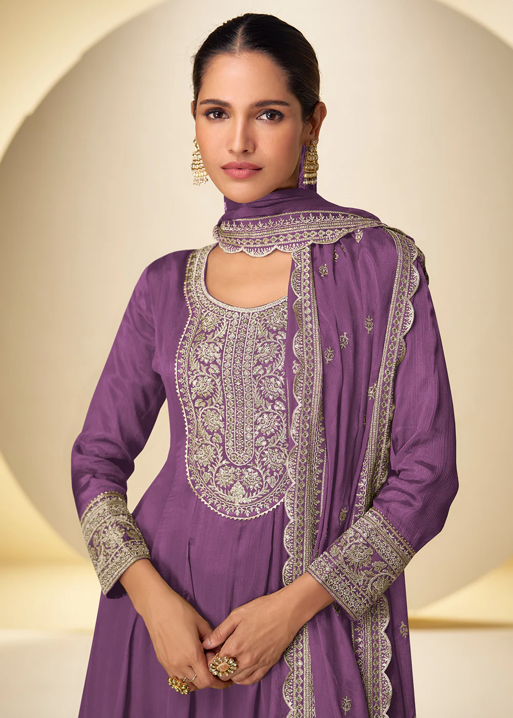 Mauve Purple Festive Style Embroidered Palazzo Suit - Image 2