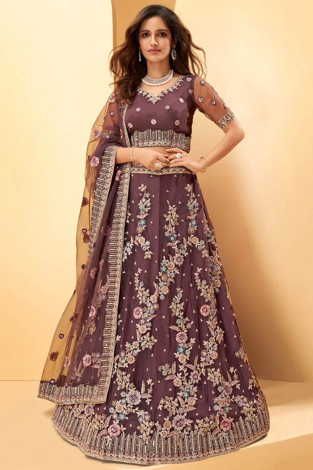Mauve Purple Floral Embroidered Bridal Lehenga - Image 4