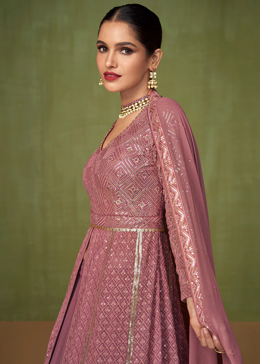 Mauve Purple Georgette Wedding Party Skirt Anarkali Suit - Image 2