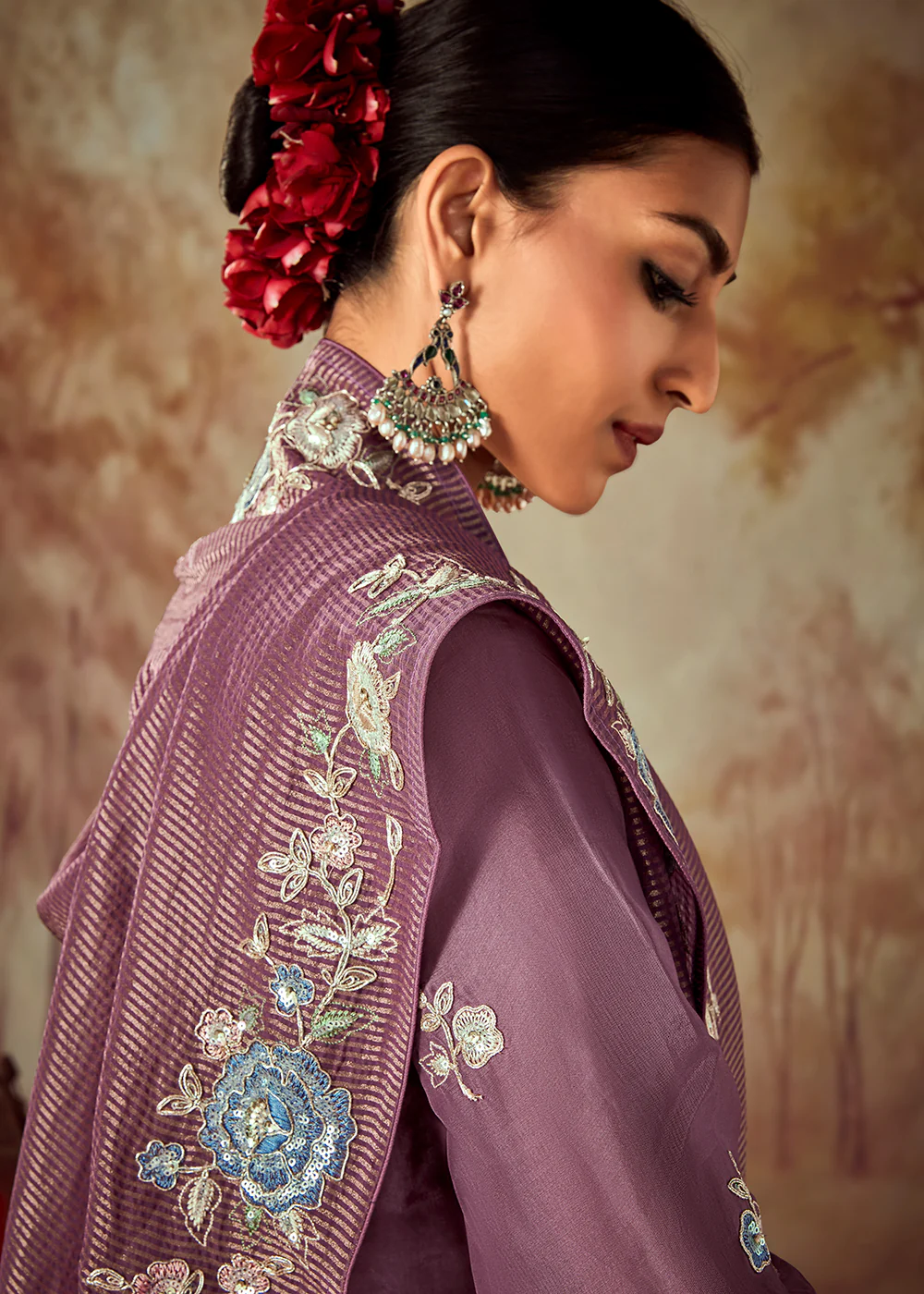 Mauve Purple Russian Silk Embroidered Pant Style Salwar Kurta - Image 2