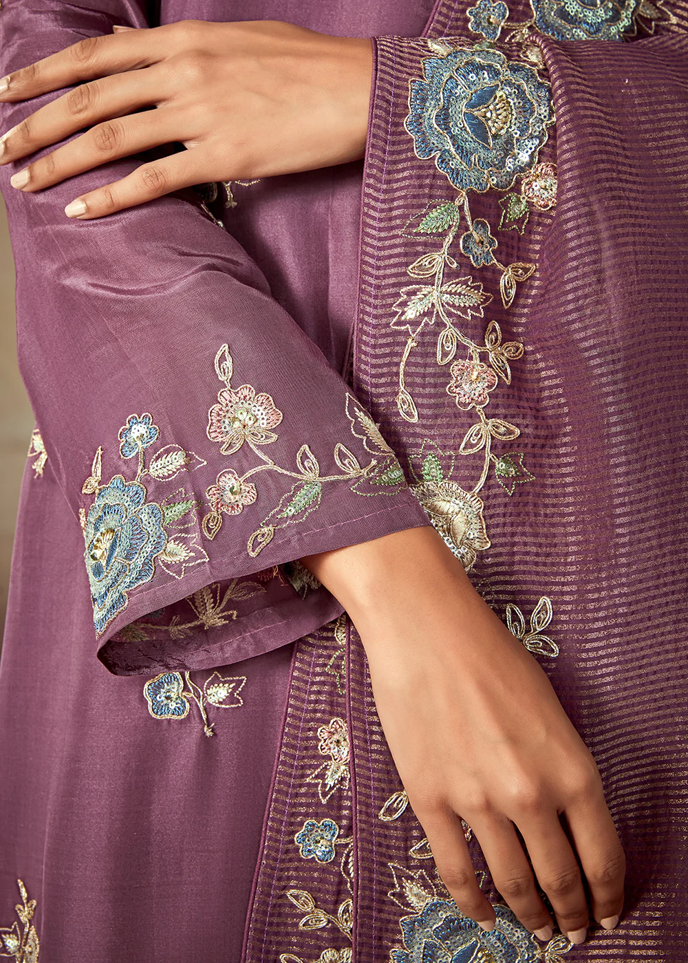 Mauve Purple Russian Silk Embroidered Pant Style Salwar Kurta - Image 4