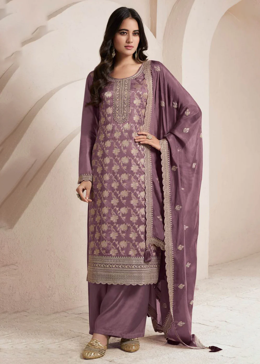Mauve Purple Silk Jacquard Embroidered Festive Salwar Suit