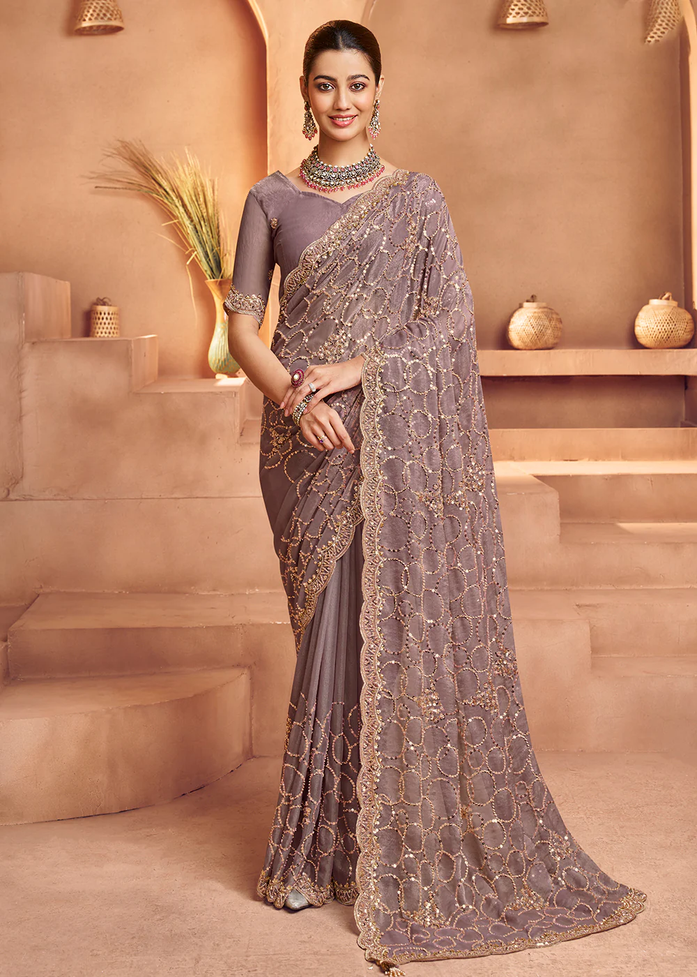 Mauve Purple Tissue Silk Heavy Embroidered Designer Saree