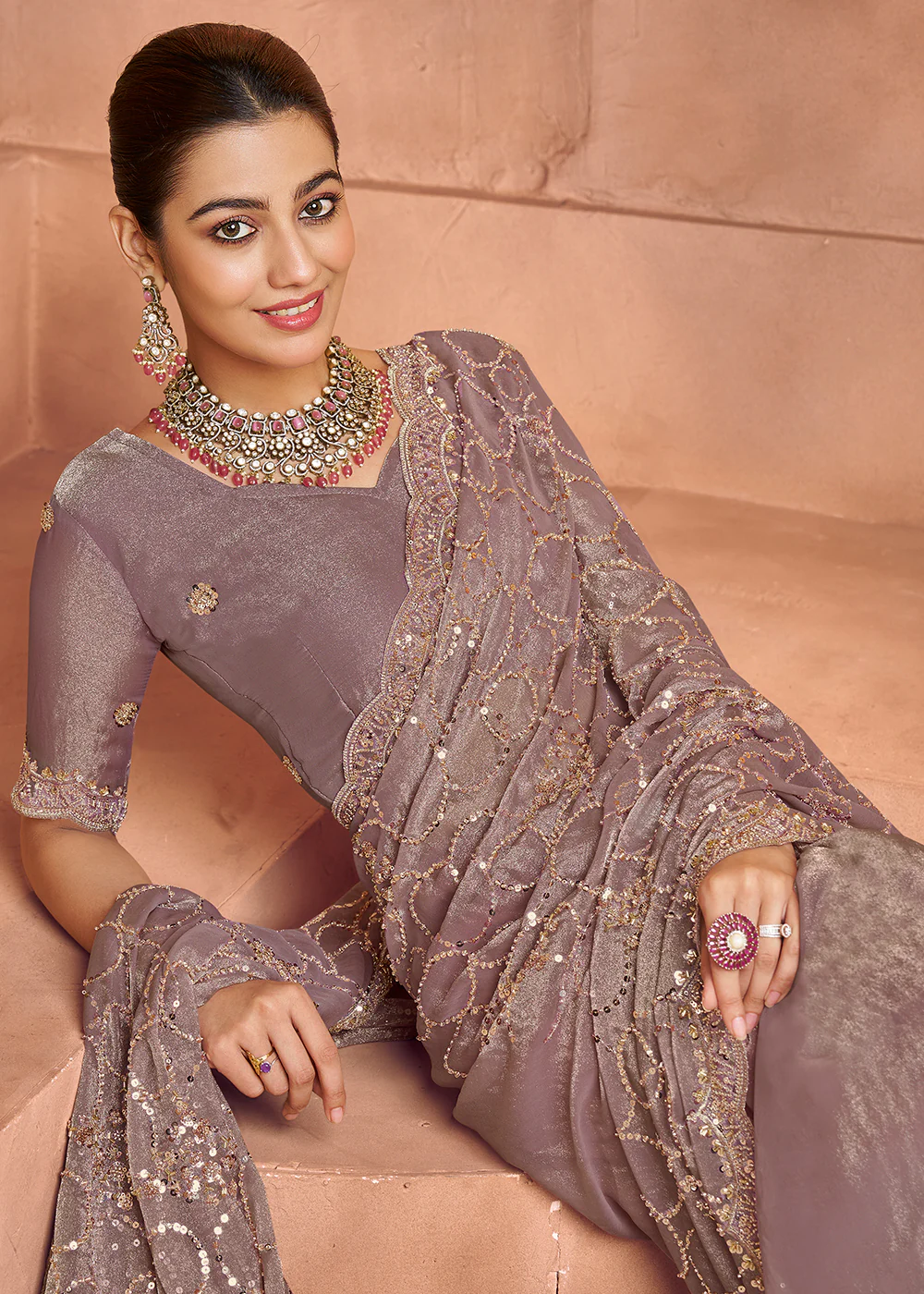 Mauve Purple Tissue Silk Heavy Embroidered Designer Saree - Image 2