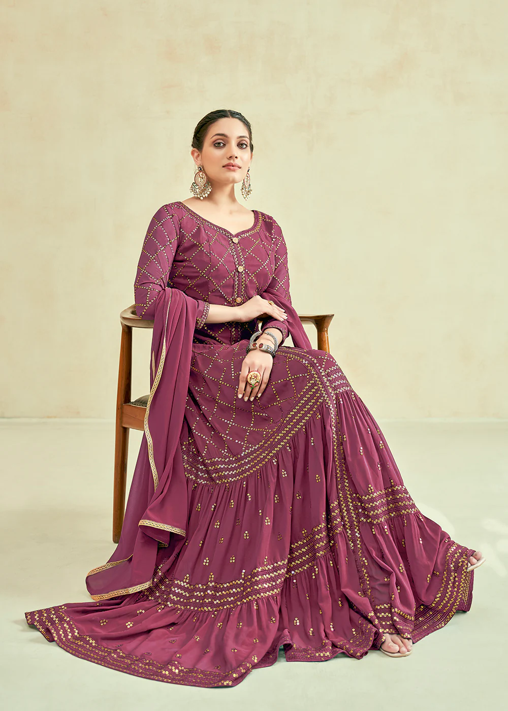Mauve Real Georgette with Sequins Wedding Festive Gown - Image 3