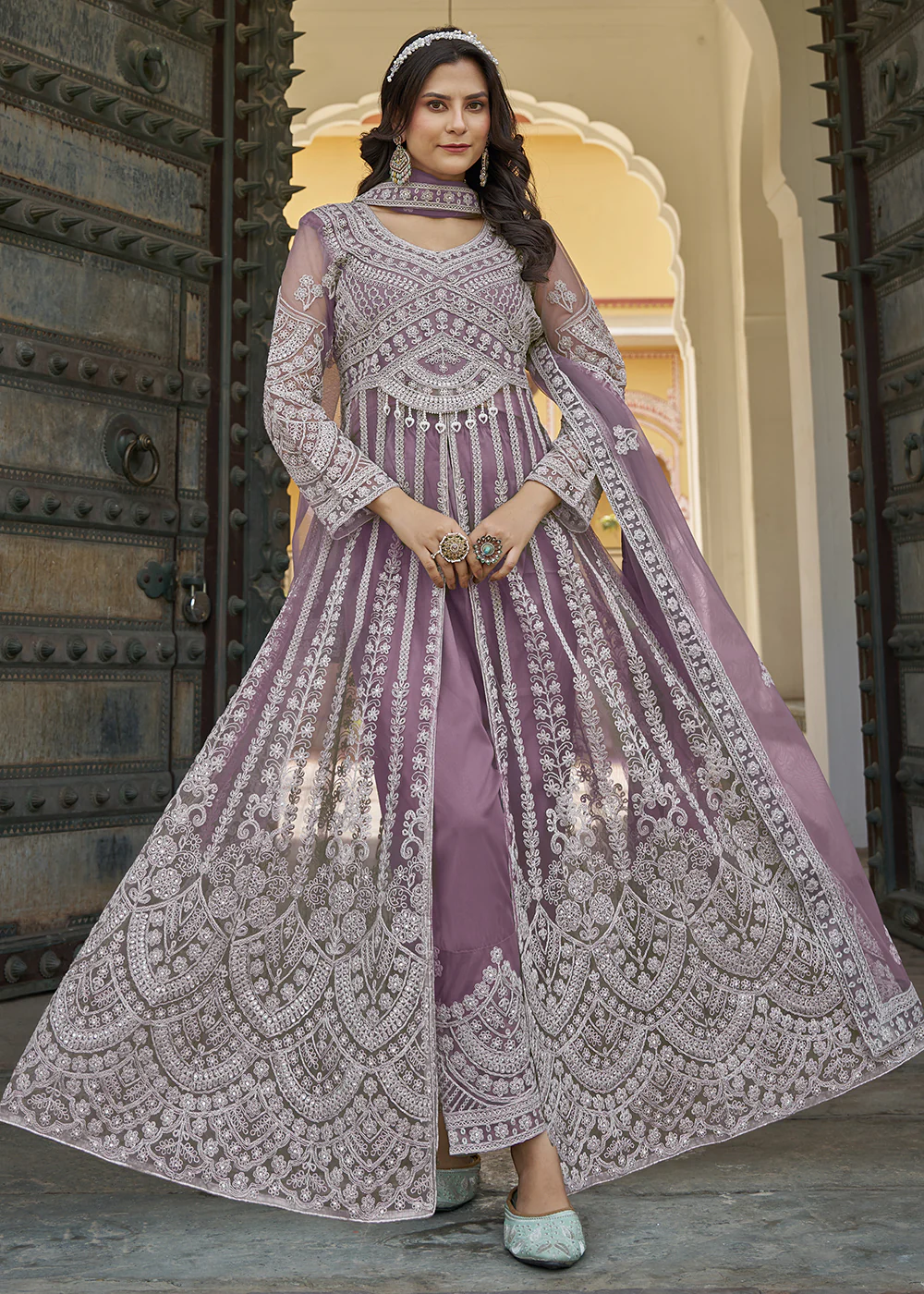 Mauve Slit Style Skirt & Pant Style Anarkali Suit