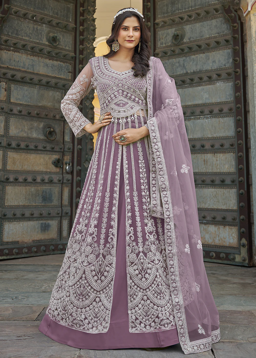 Mauve Slit Style Skirt & Pant Style Anarkali Suit - Image 4
