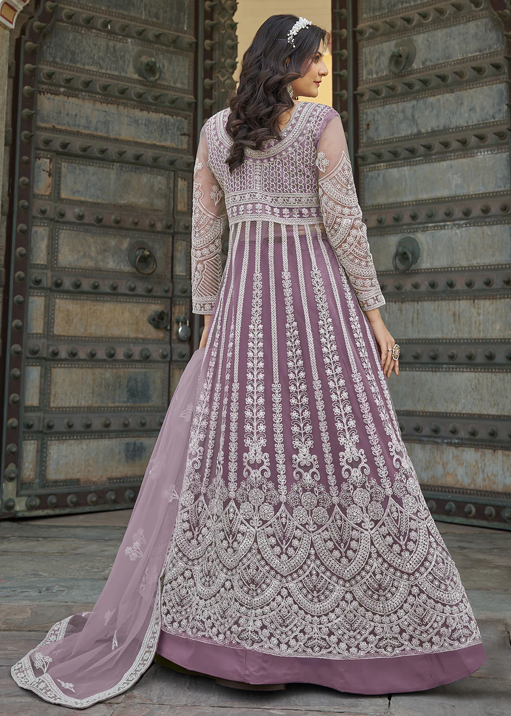 Mauve Slit Style Skirt & Pant Style Anarkali Suit - Image 5
