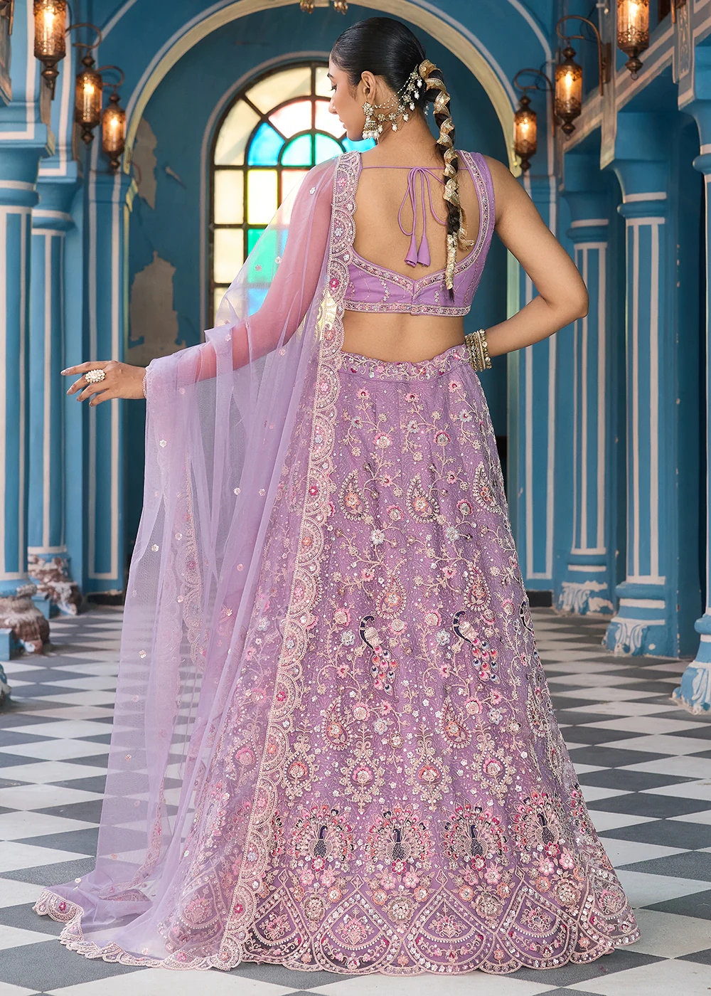 Mauve Stone & Cording Work Net Lehenga Choli - Image 3