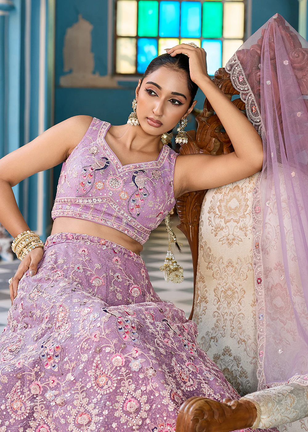 Mauve Stone & Cording Work Net Lehenga Choli - Image 5
