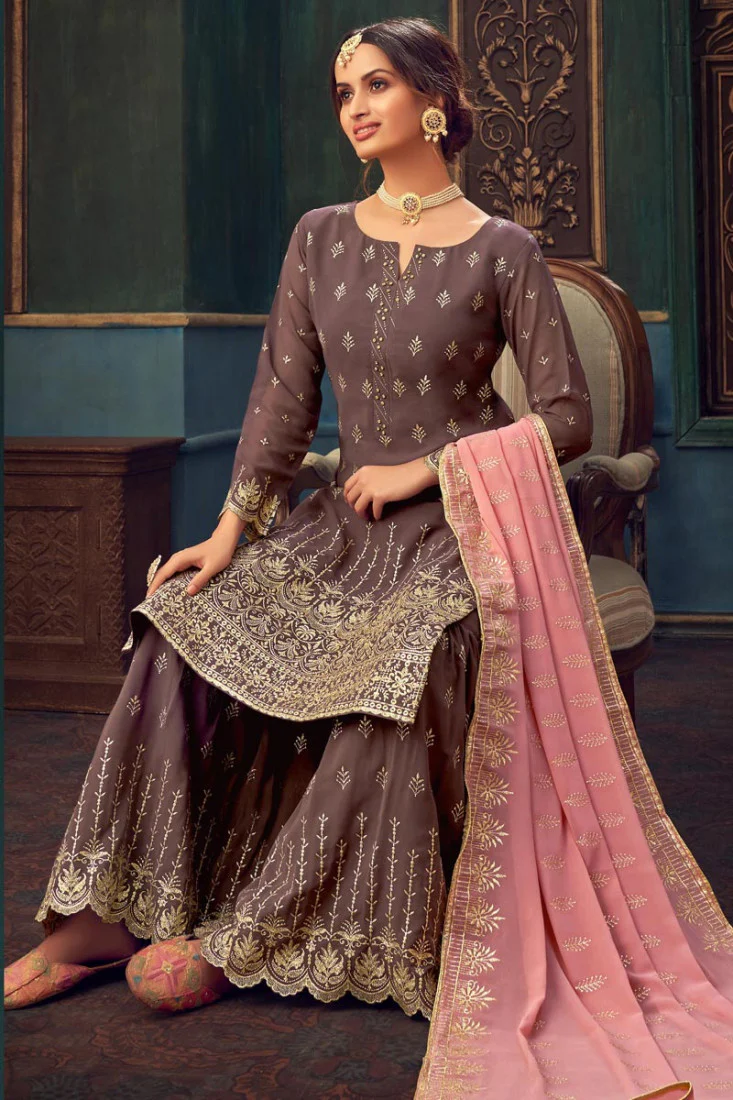 Mauve Taupe Faux Georgette Pakistani Sharara Suit - Image 2