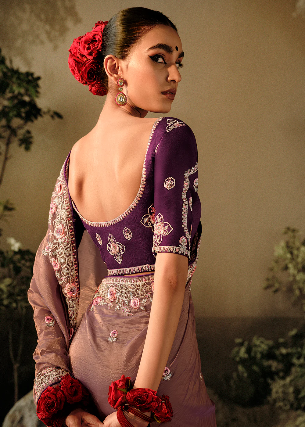 Mauve Taupe Khatli Work Embroidered Designer Wedding Saree - Image 3