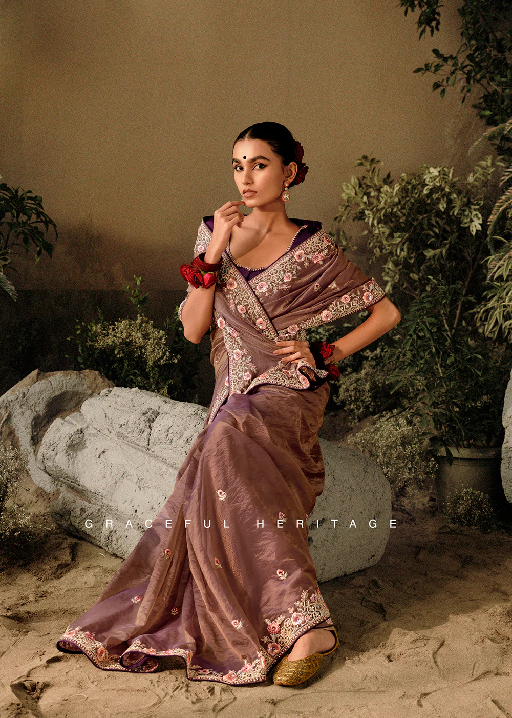 Mauve Taupe Khatli Work Embroidered Designer Wedding Saree - Image 4