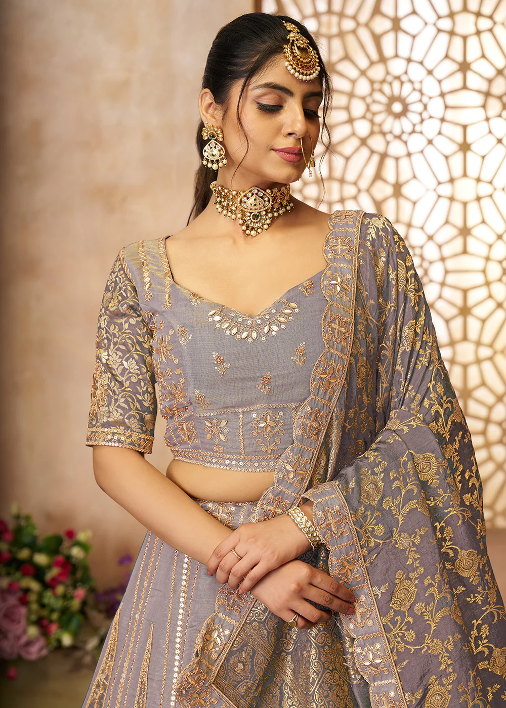 Mauve Tissue Net Heavy Embroidered Bridal Lehenga Choli - Image 2