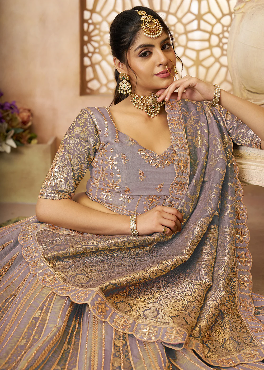 Mauve Tissue Net Heavy Embroidered Bridal Lehenga Choli - Image 5