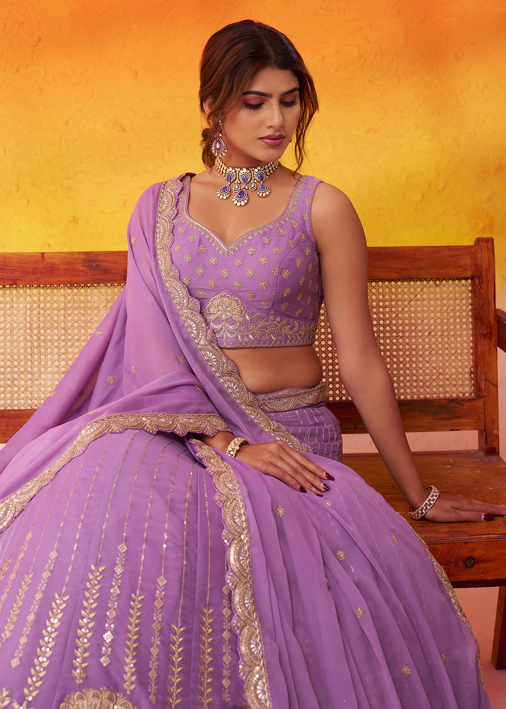 Mauve Tissue Silk Embroidered Pre Wedding Lehenga Choli - Image 2