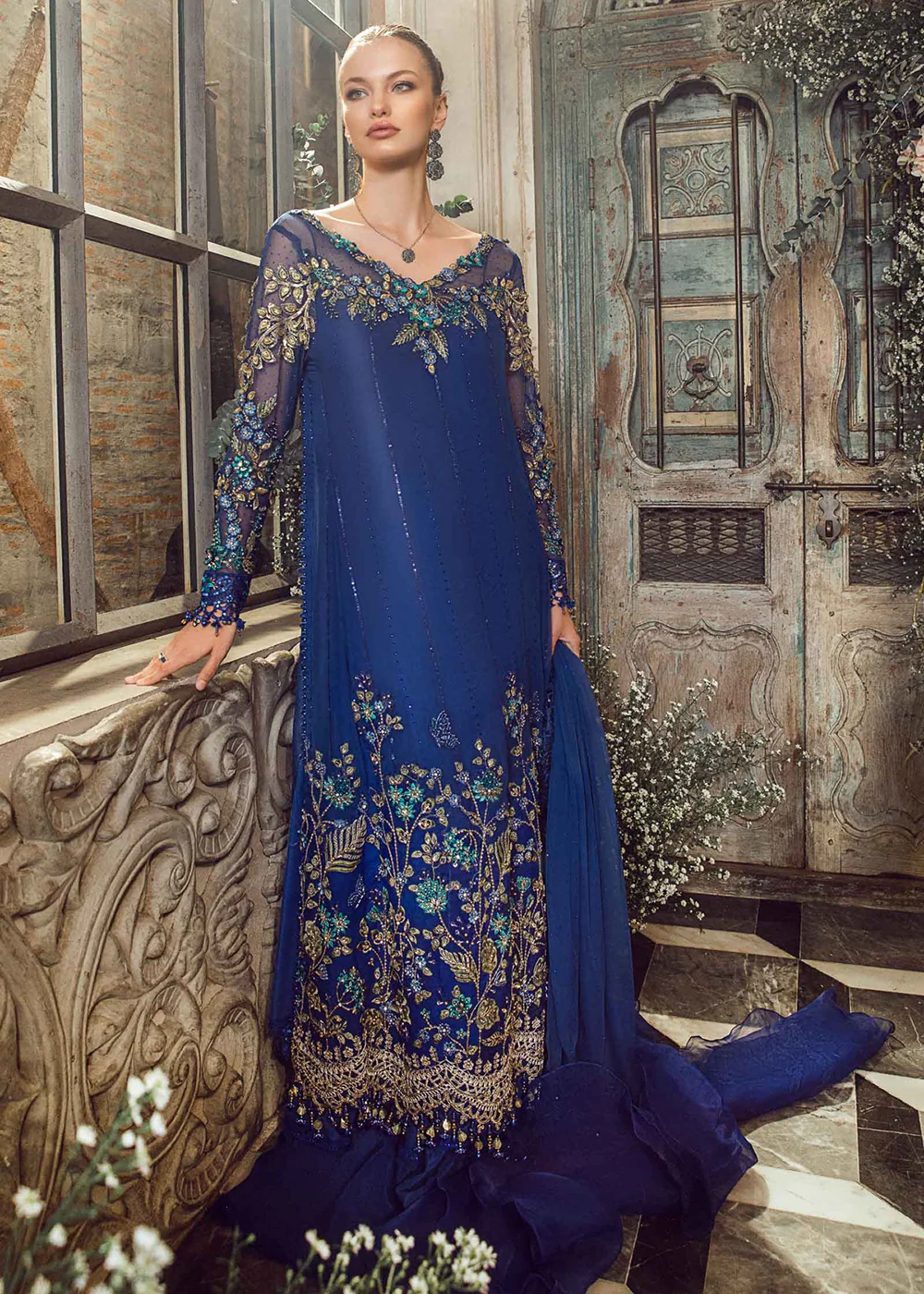 Mbroidered Wedding 2023 by Maria B | Cobalt Blue BD-2704 - Image 15