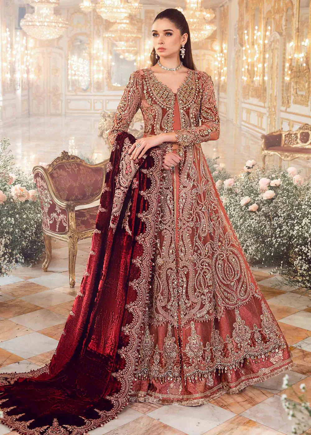 Mbroidered Wedding 2023 by Maria B | Salmon Pink BD-2701 - Image 3