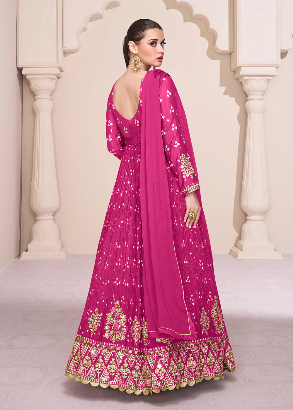 Magenta Pink Georgette Printed & Embroidered Anarkali Dress - Image 3