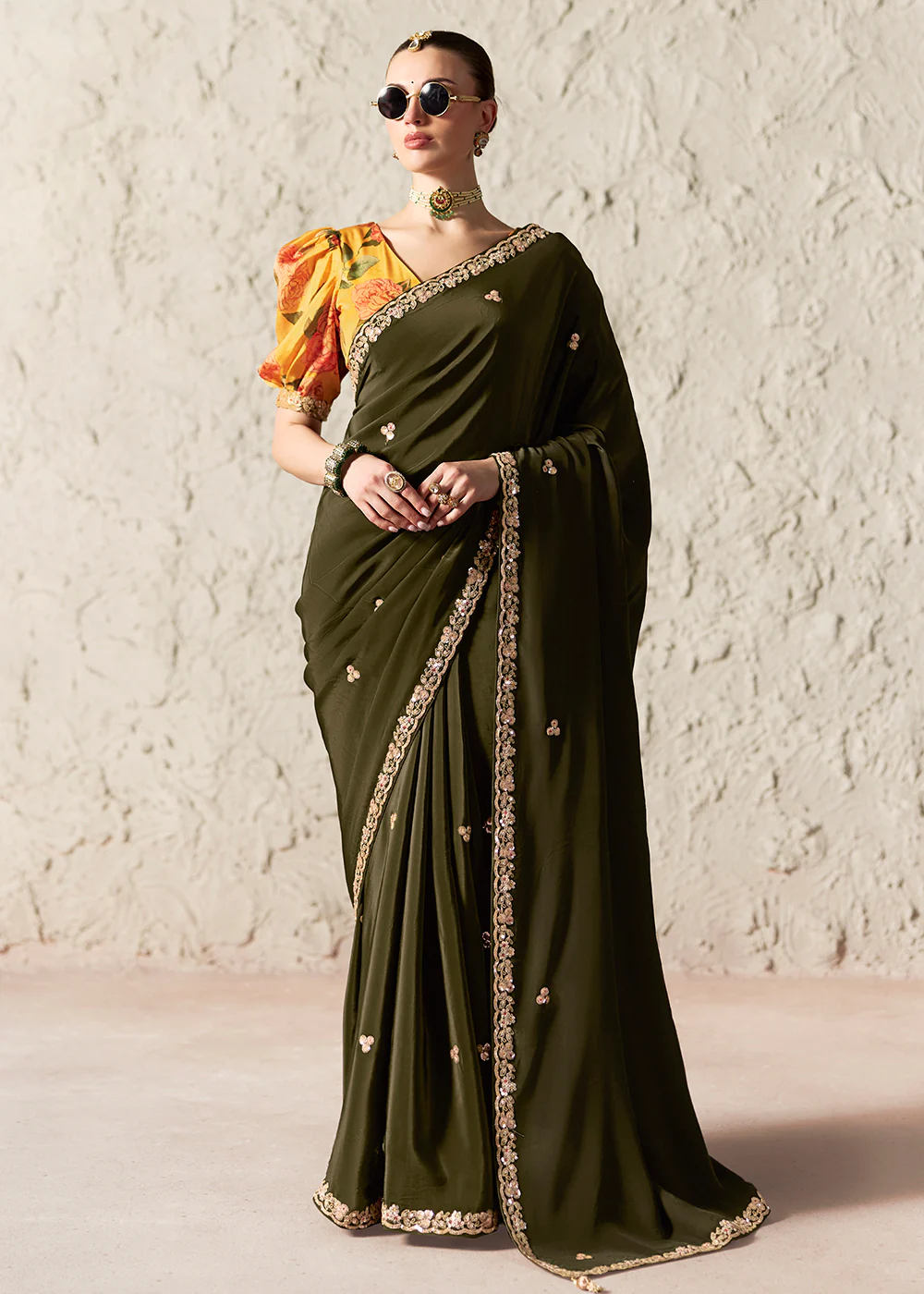 Mehndi Glass Tissue Organza Designer Wear Saree