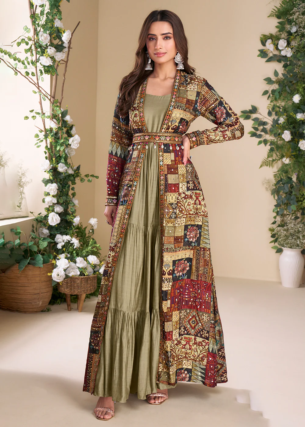 Mehndi Green Embroidered Georgette Shrug Style Anarkali Suit