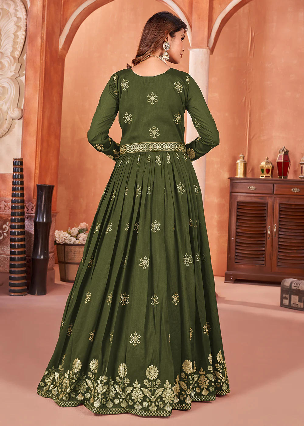 Mehndi Green Festive Embroidered Art Silk Anarkali Suit - Image 3