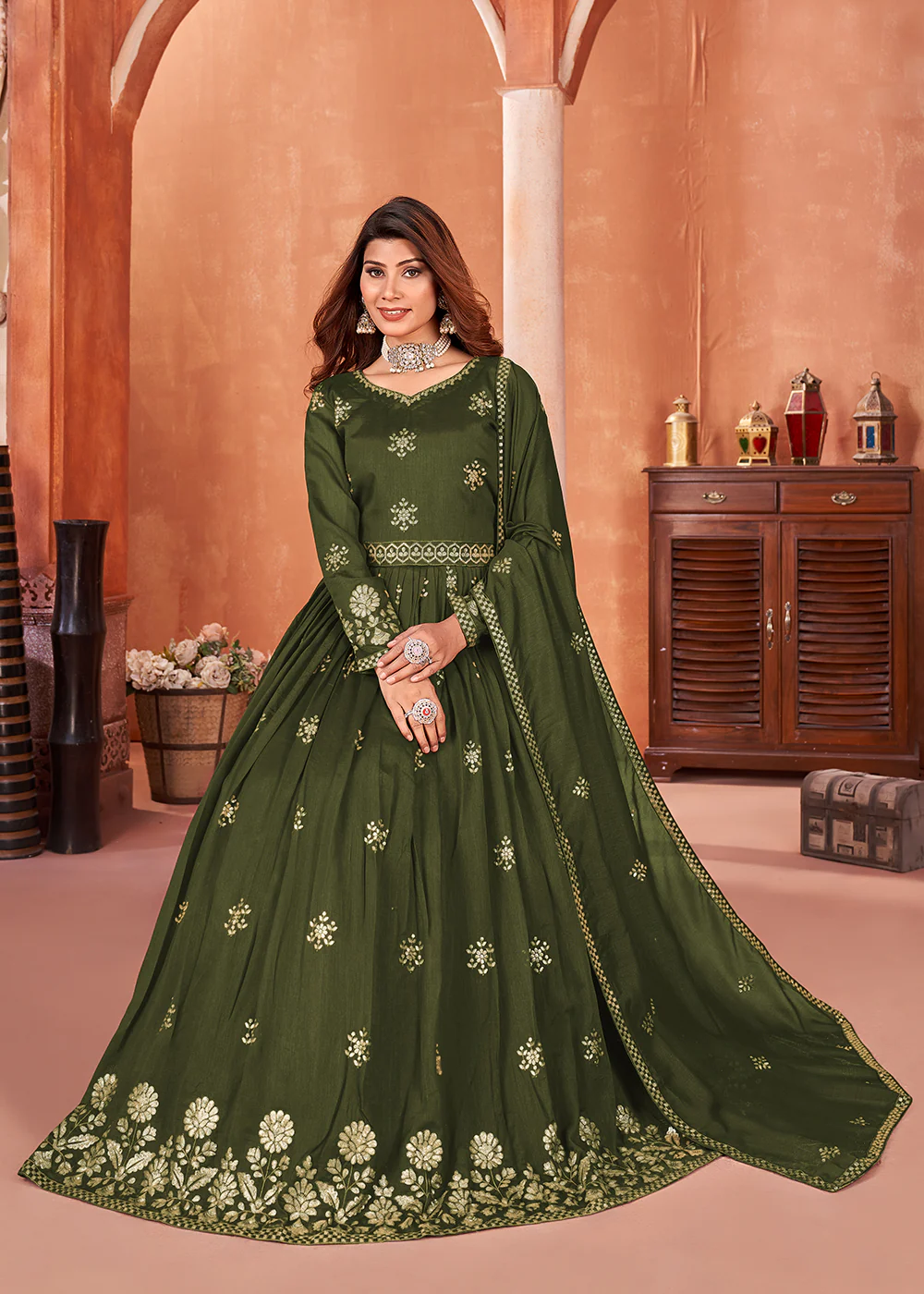 Mehndi Green Festive Embroidered Art Silk Anarkali Suit - Image 4