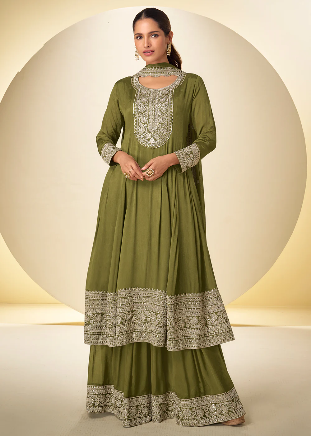 Mehndi Green Festive Style Embroidered Palazzo Suit