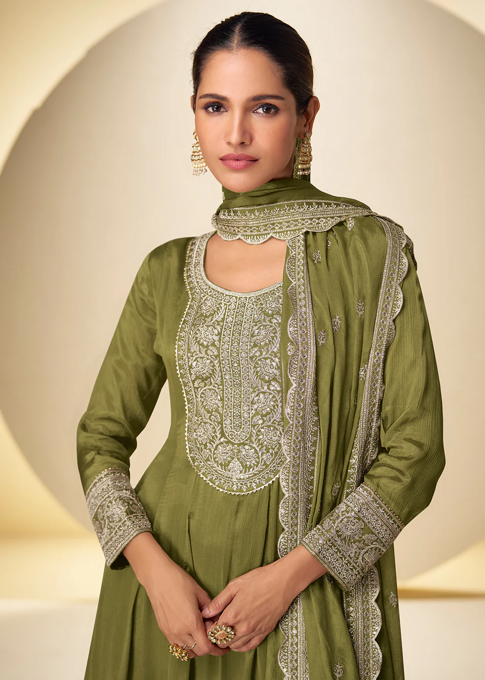 Mehndi Green Festive Style Embroidered Palazzo Suit - Image 2