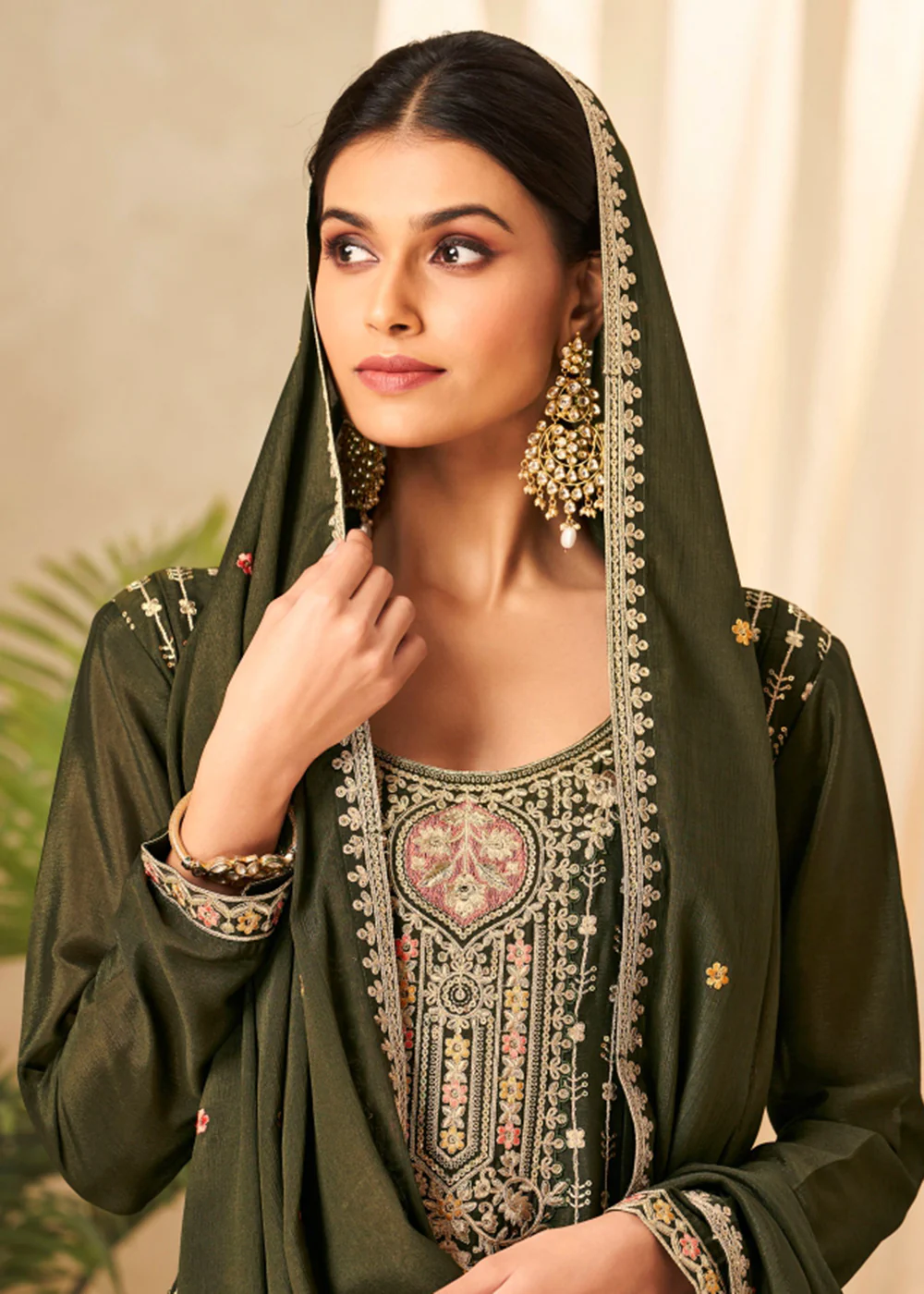 Mehndi Green Heavy Chinnon Wedding Festive Salwar Suit - Image 2