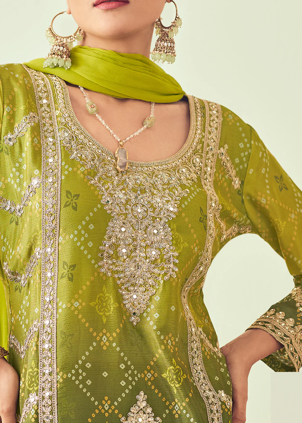 Mehndi Green Heavy Embroidered Designer Palazzo Dress - Image 2