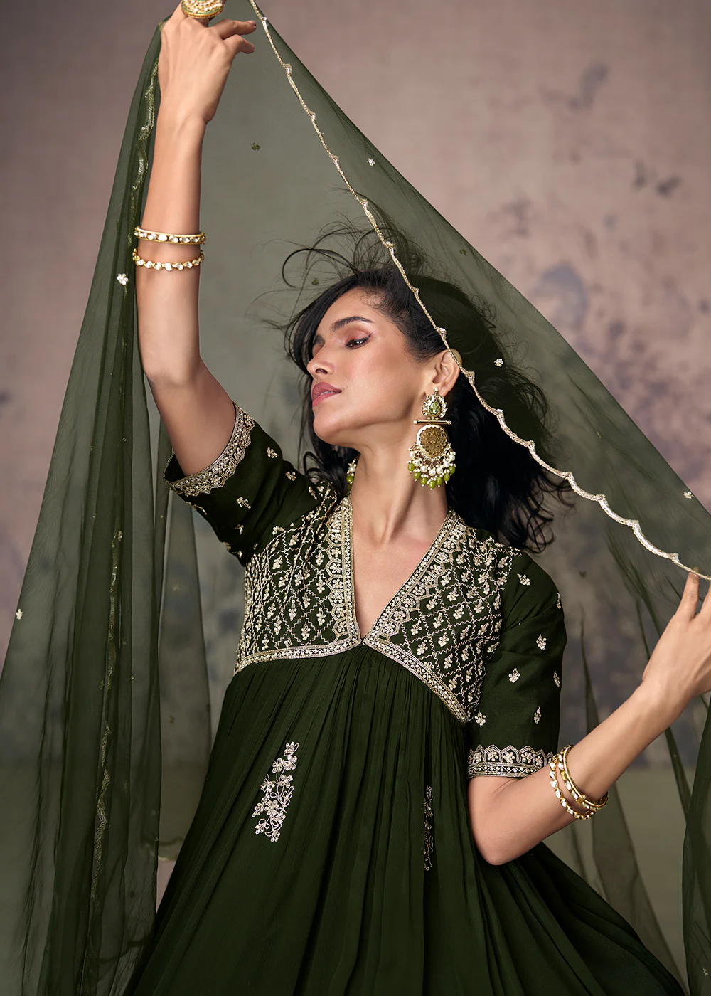 Mehndi Green Silk Embroidered Wedding Party Anarkali Gown - Image 2