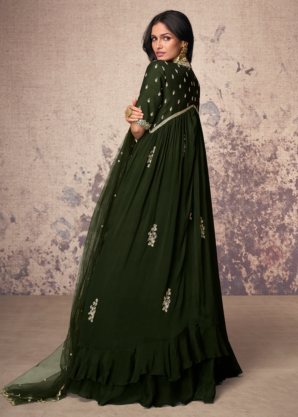 Mehndi Green Silk Embroidered Wedding Party Anarkali Gown - Image 3