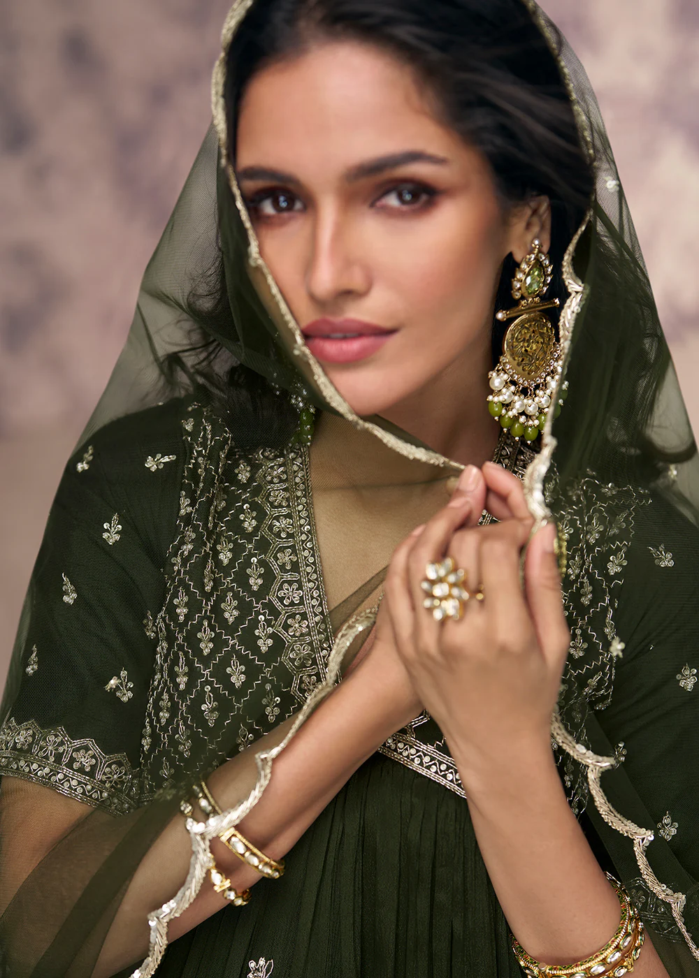 Mehndi Green Silk Embroidered Wedding Party Anarkali Gown - Image 4