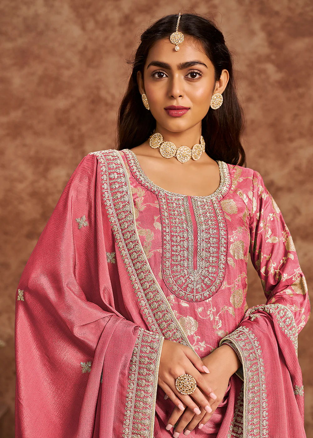 Melon Pink Dola Silk Jacquard Festive Salwar Kameez - Image 2
