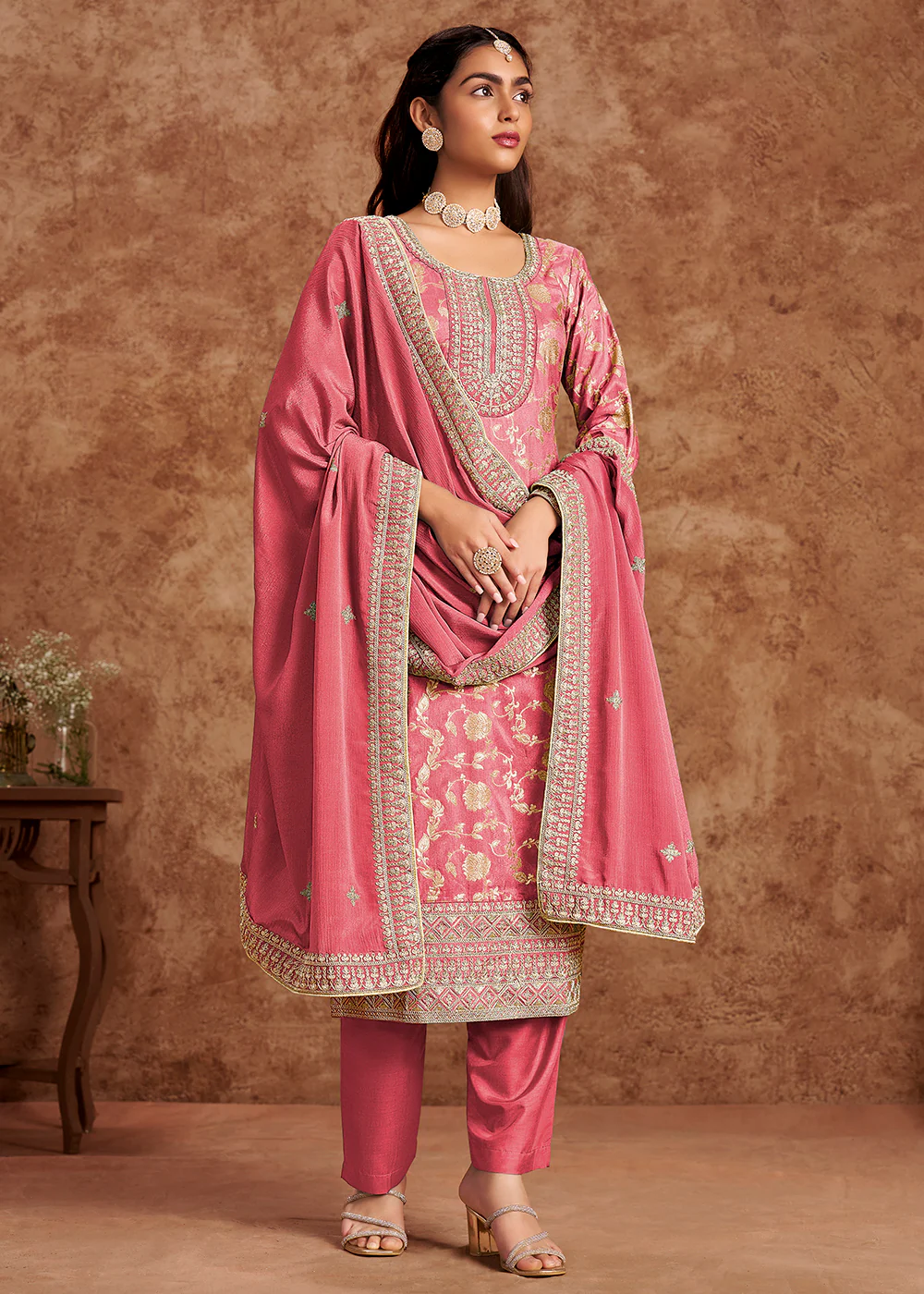 Melon Pink Dola Silk Jacquard Festive Salwar Kameez - Image 3