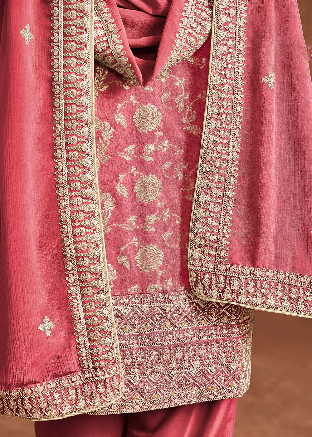 Melon Pink Dola Silk Jacquard Festive Salwar Kameez - Image 4
