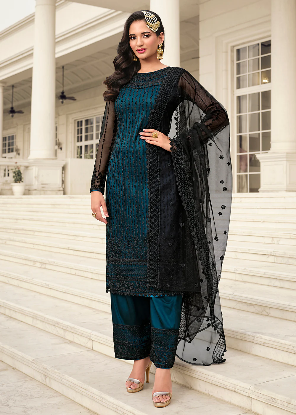 Mesmeric Blue & Black Embroidered Pant Style Salwar Suit