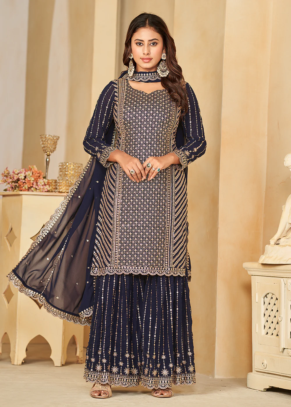 Mesmeric Blue Faux Georgette Palazzo Suit with Embroidery - Image 3