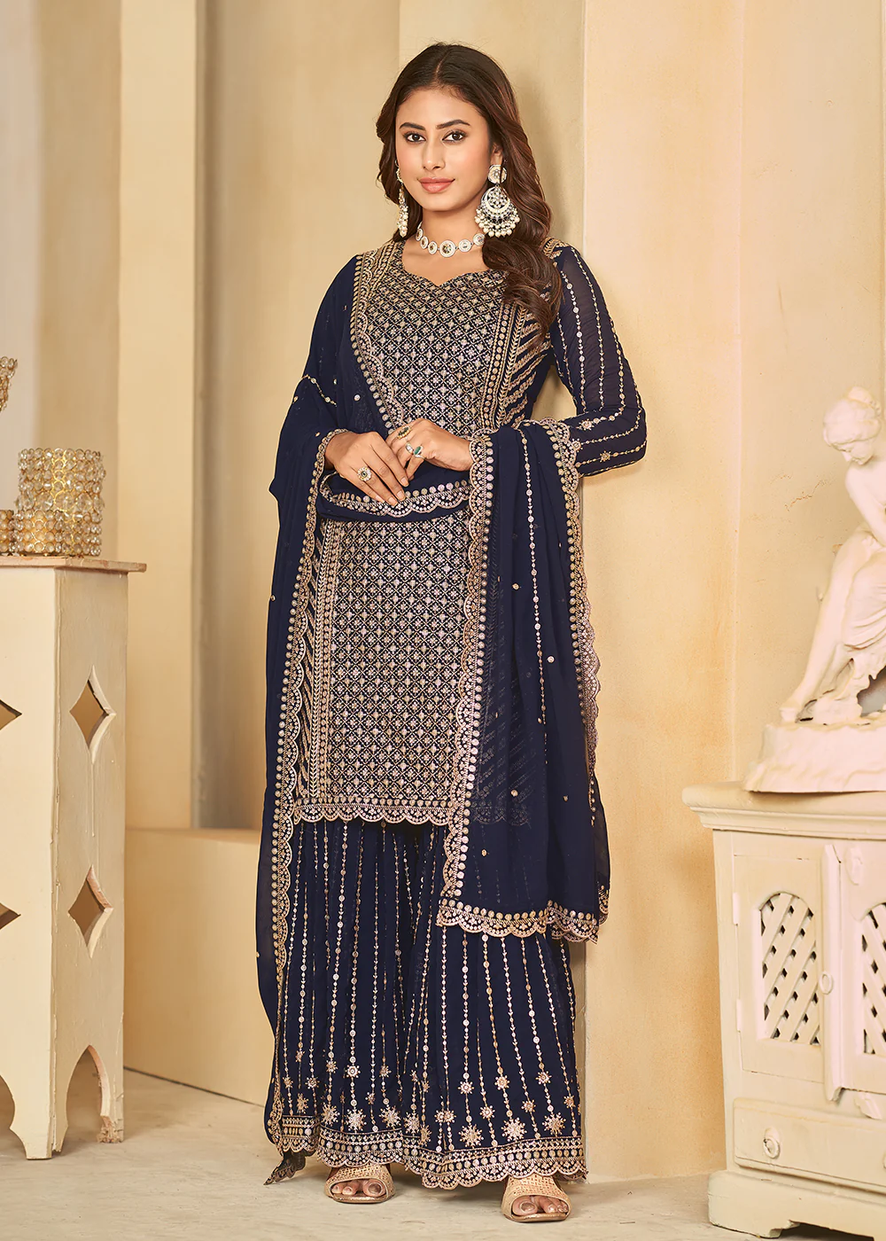 Mesmeric Blue Faux Georgette Palazzo Suit with Embroidery - Image 4