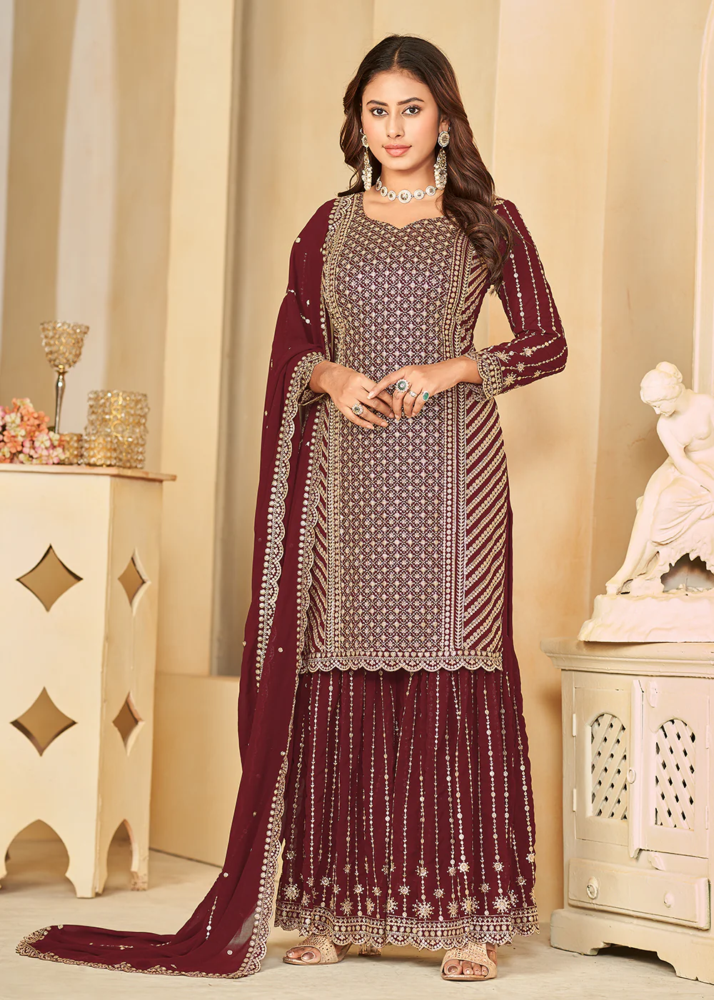 Mesmeric Maroon Faux Georgette Palazzo Suit with Embroidery